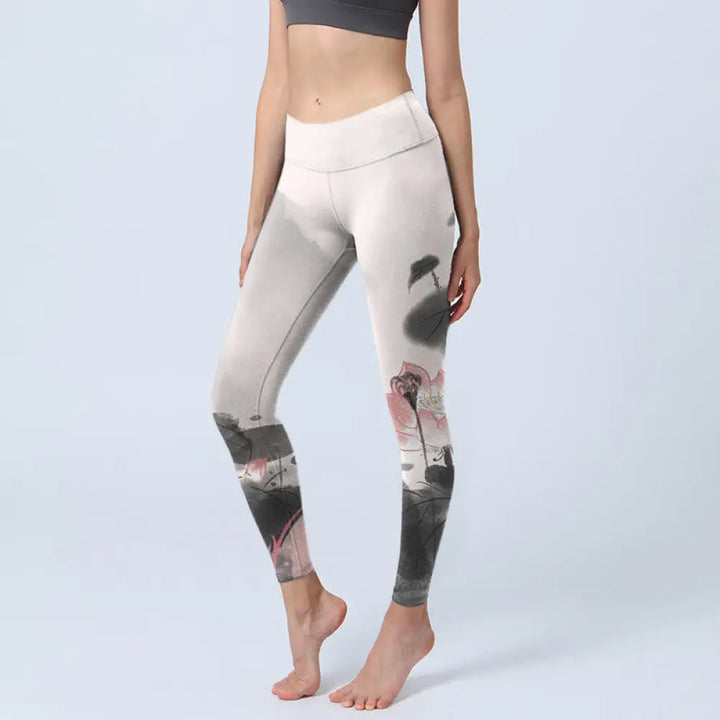 BWOOOH lotus print yoga leggings - Ink Painting Lotus Flower Leaf Print Gym