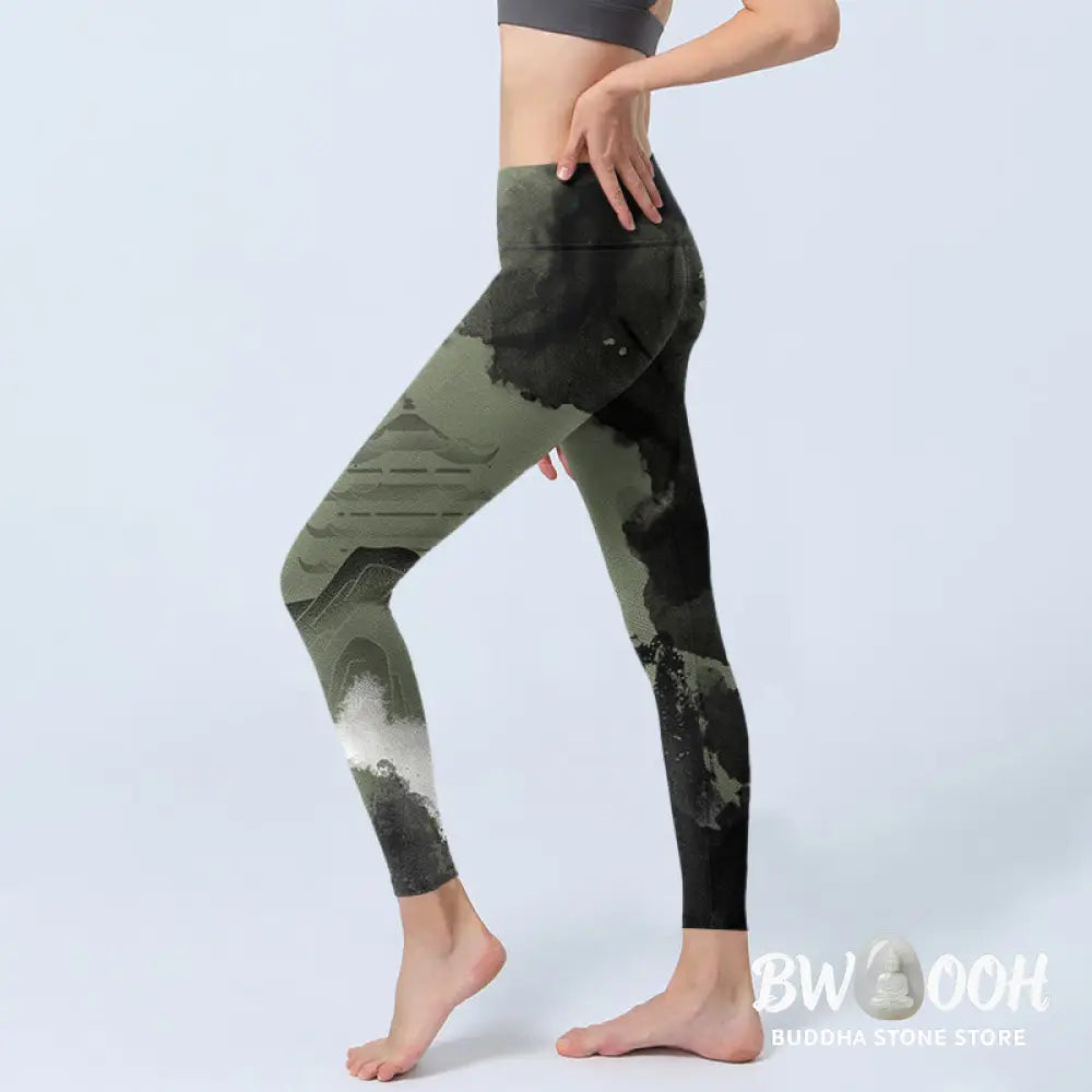 BWOOOH printed yoga leggings - Ink Painting Mountain Pavilion Print Fit