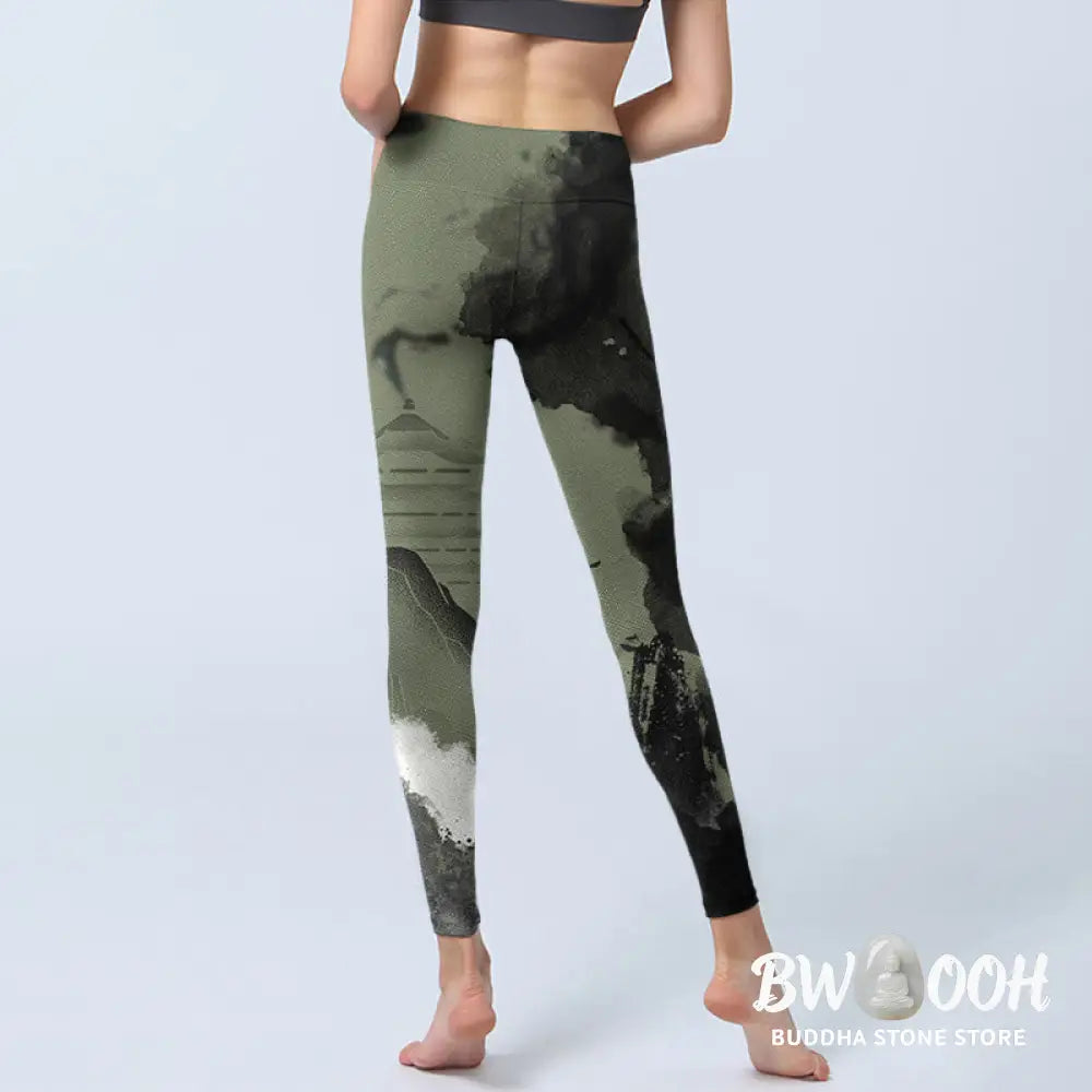 BWOOOH printed yoga leggings - Ink Painting Mountain Pavilion Print Fit