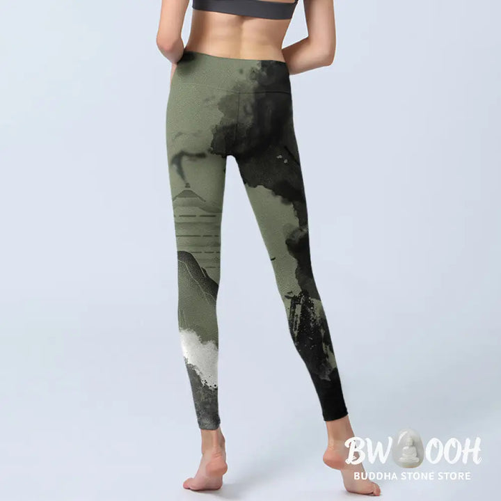 BWOOOH printed yoga leggings - Ink Painting Mountain Pavilion Print Fit