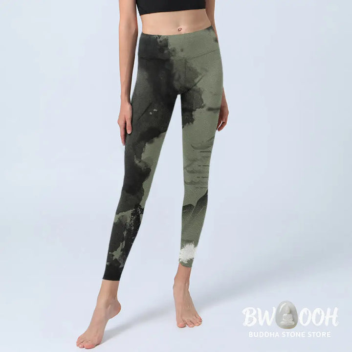 BWOOOH printed yoga leggings - Ink Painting Mountain Pavilion Print Fit