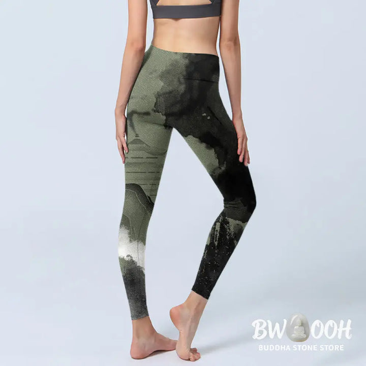 BWOOOH printed yoga leggings - Ink Painting Mountain Pavilion Print Fit