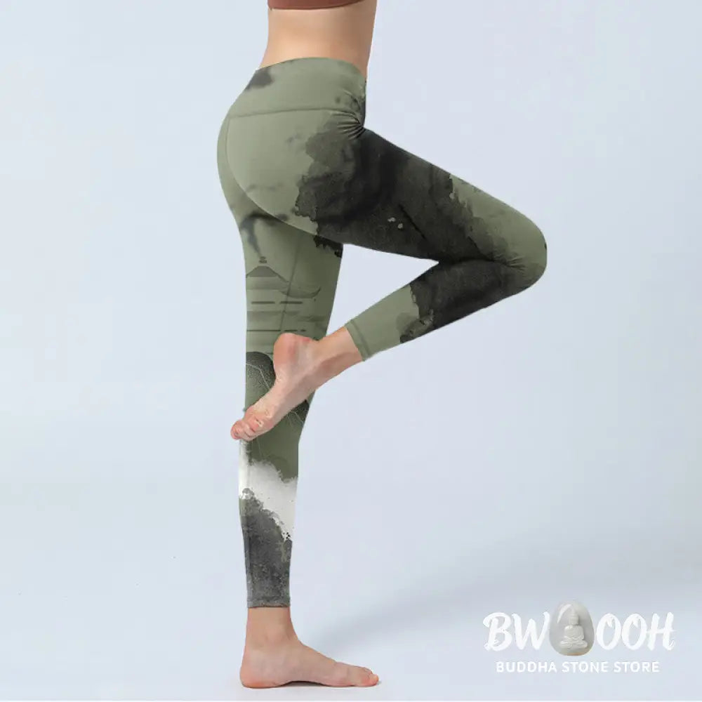 BWOOOH printed yoga leggings - Ink Painting Mountain Pavilion Print Fit