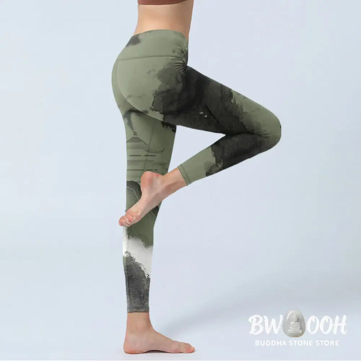 BWOOOH printed yoga leggings - Ink Painting Mountain Pavilion Print Fit