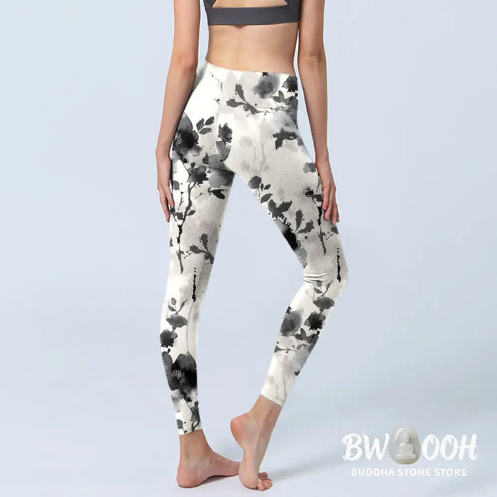BWOOOH printed yoga leggings - Ink Painting Style Flower Pattern Print 