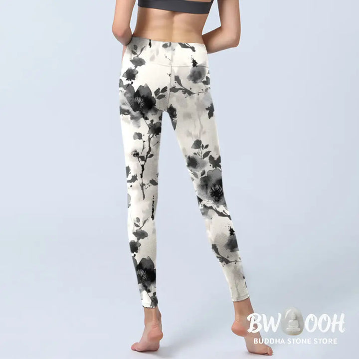 BWOOOH printed yoga leggings - Ink Painting Style Flower Pattern Print 