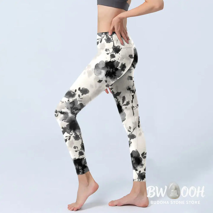 BWOOOH printed yoga leggings - Ink Painting Style Flower Pattern Print 