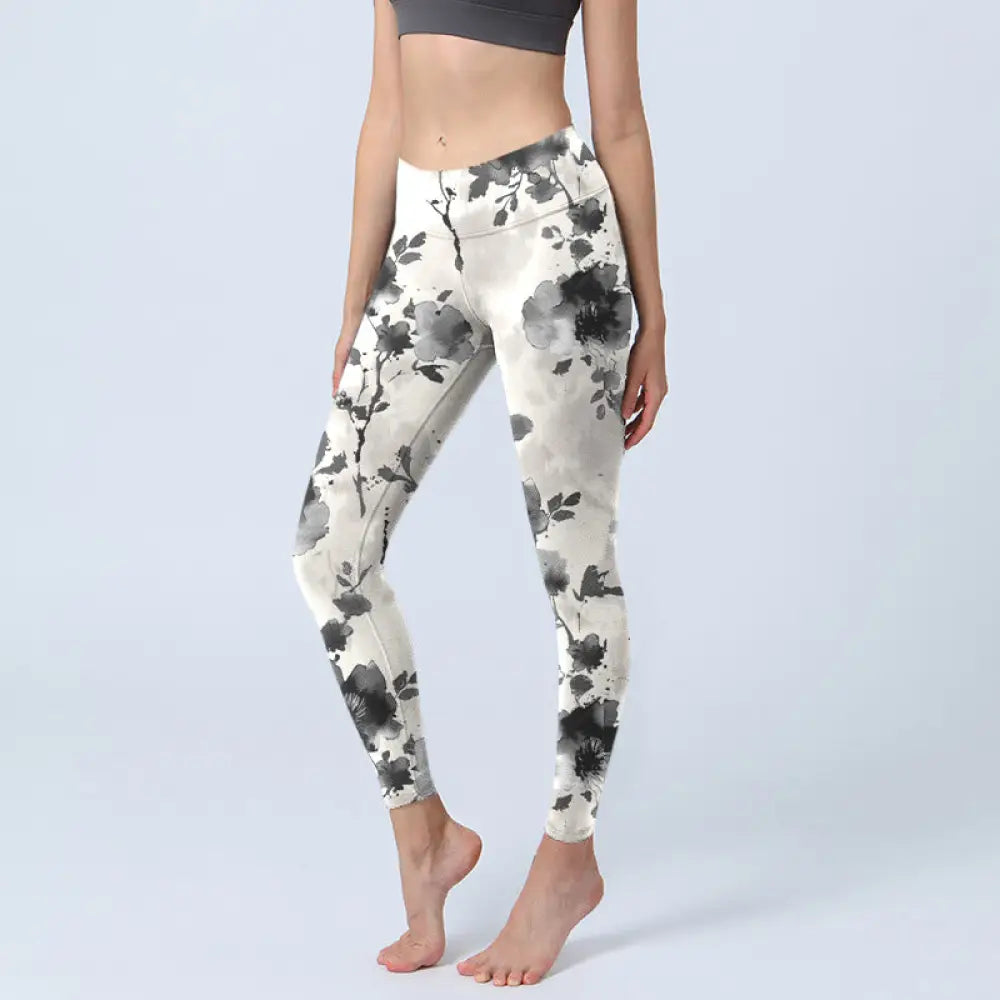 BWOOOH printed yoga leggings - Ink Painting Style Flower Pattern Print 