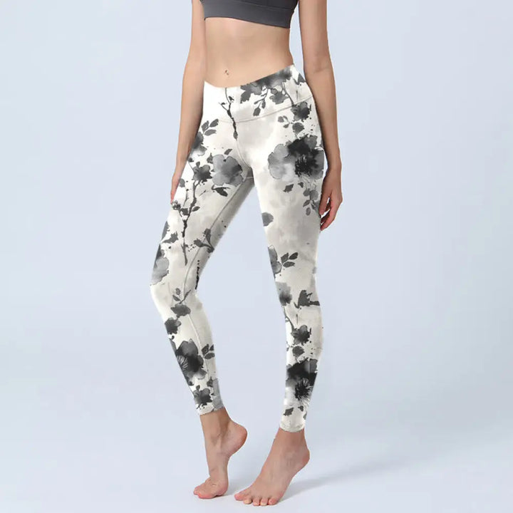 BWOOOH printed yoga leggings - Ink Painting Style Flower Pattern Print 