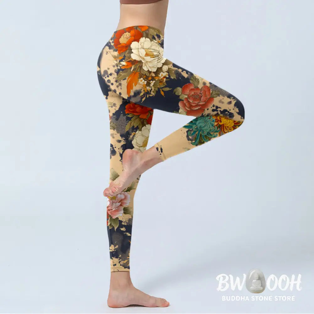 BWOOOH printed yoga leggings - Ink Painting Style Peony Chrysanthemums 