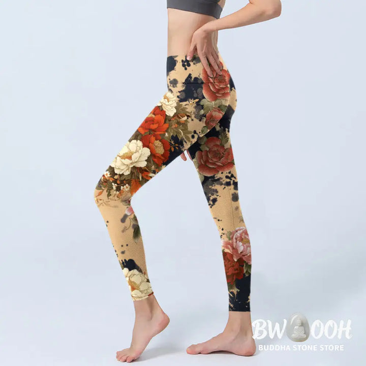 BWOOOH printed yoga leggings - Ink Painting Style Peony Chrysanthemums 