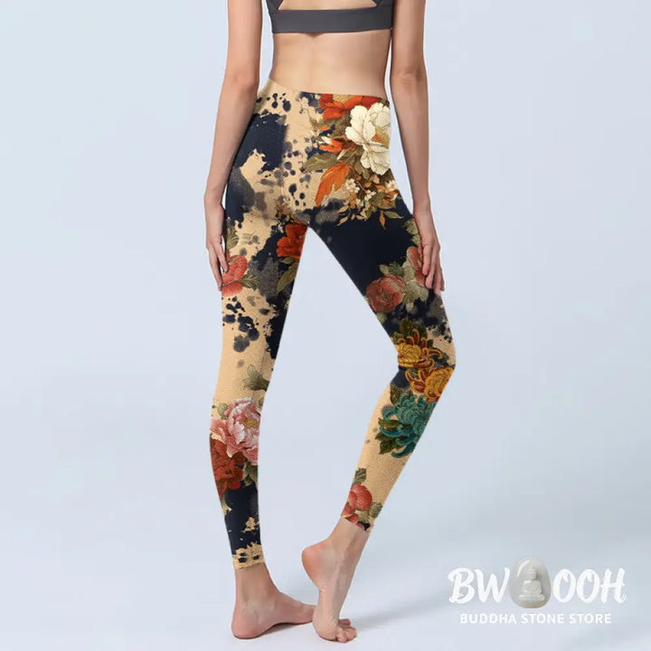 BWOOOH printed yoga leggings - Ink Painting Style Peony Chrysanthemums 