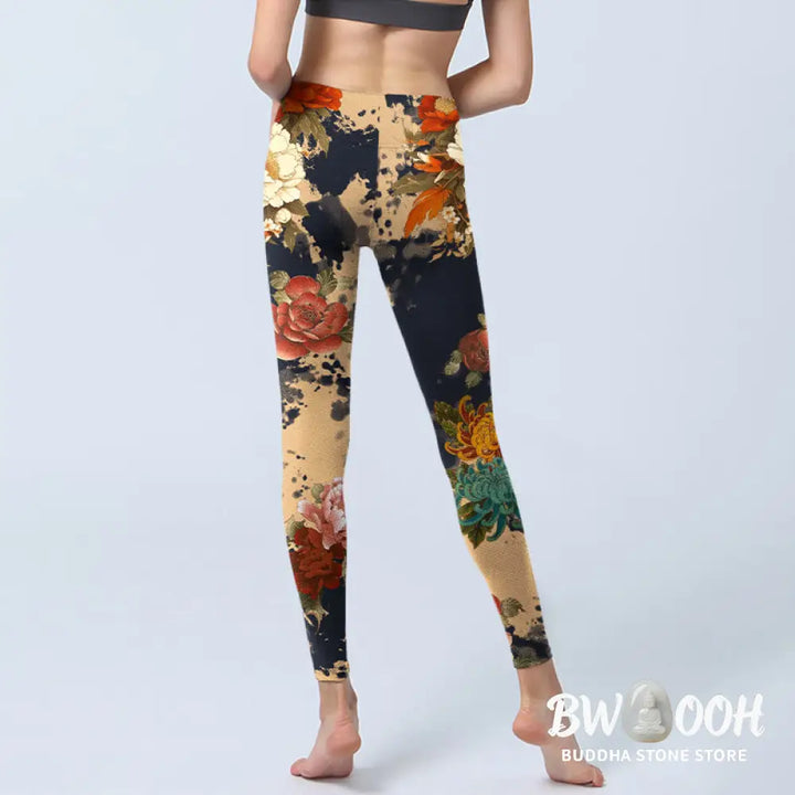 BWOOOH printed yoga leggings - Ink Painting Style Peony Chrysanthemums 