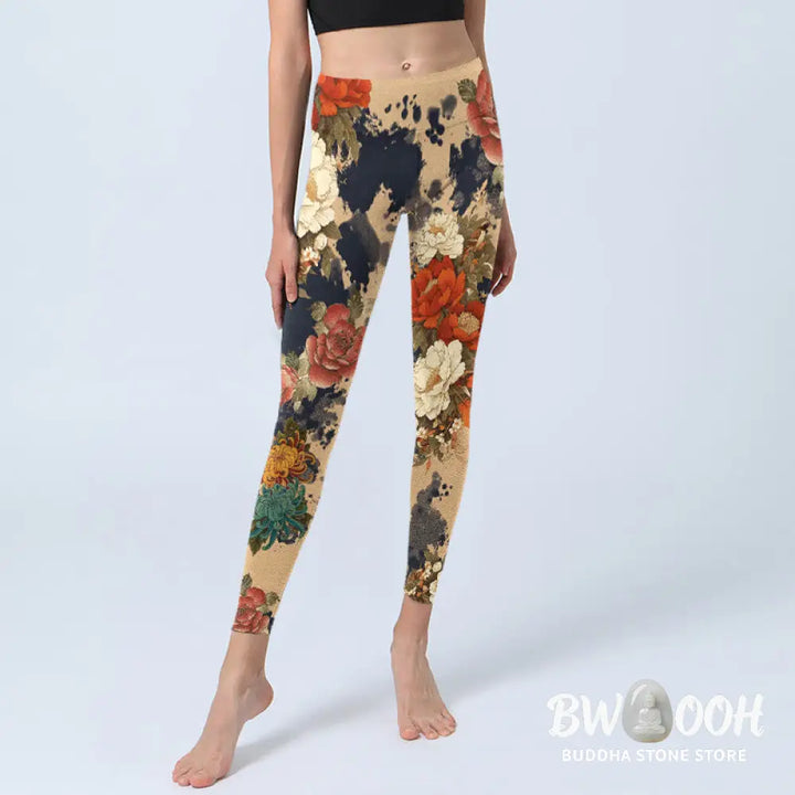 BWOOOH printed yoga leggings - Ink Painting Style Peony Chrysanthemums 