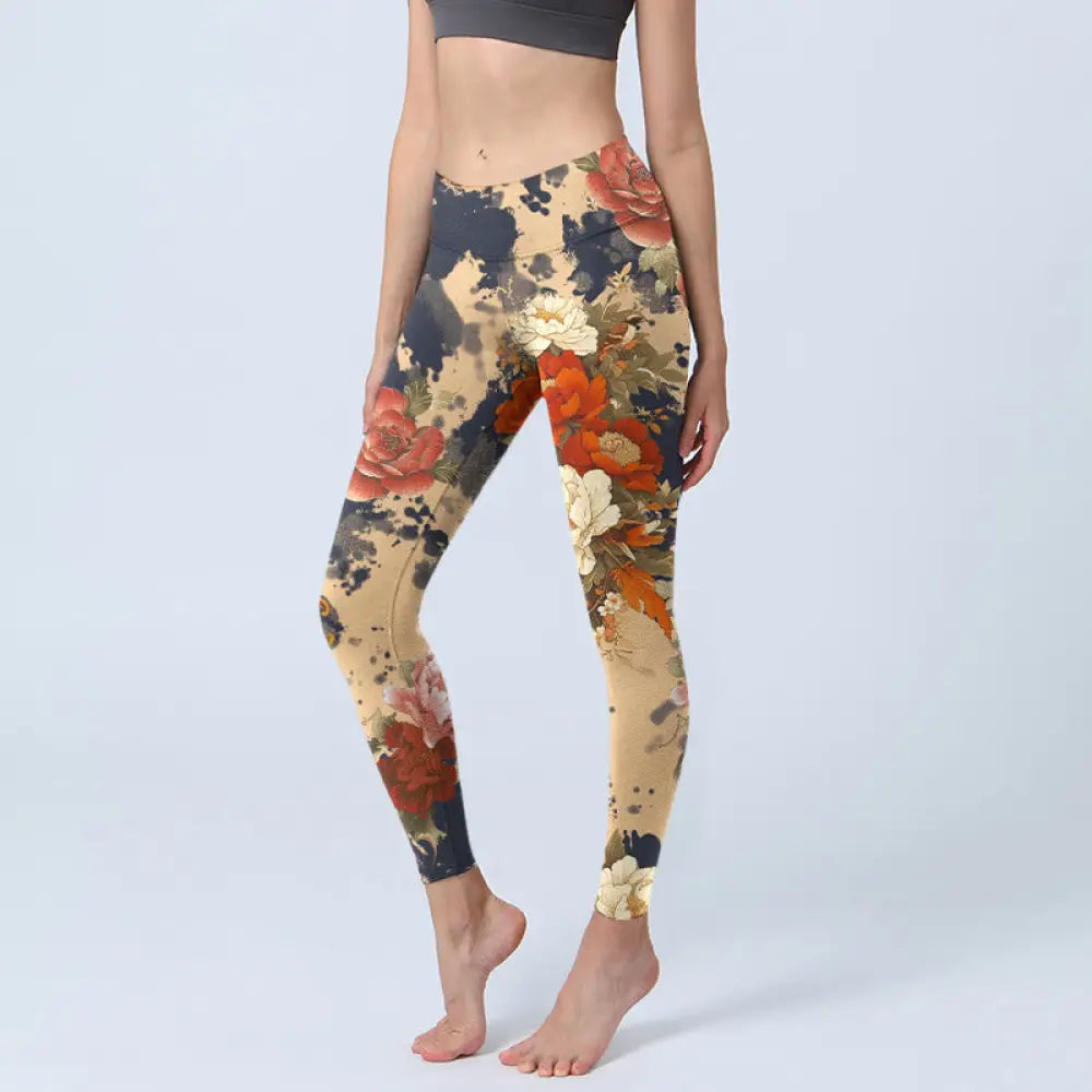 BWOOOH printed yoga leggings - Ink Painting Style Peony Chrysanthemums 