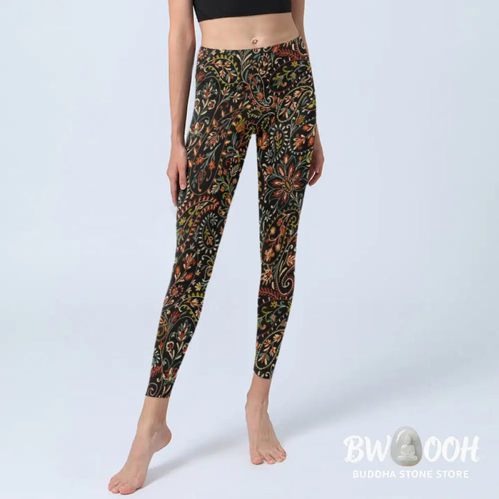BWOOOH printed yoga leggings - Intricate Flower Leaf Pattern Print Gym 