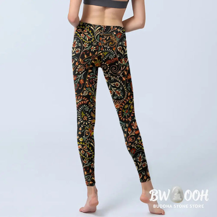 BWOOOH printed yoga leggings - Intricate Flower Leaf Pattern Print Gym 