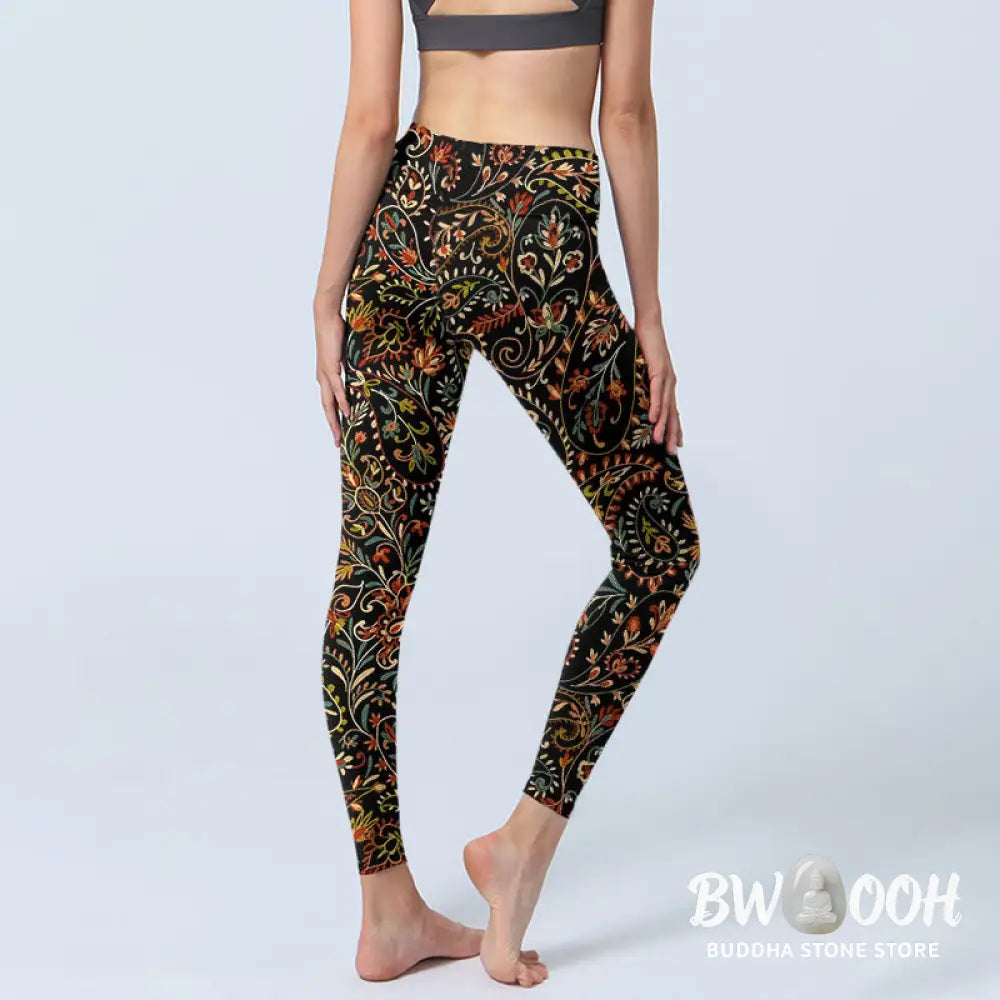 BWOOOH printed yoga leggings - Intricate Flower Leaf Pattern Print Gym 