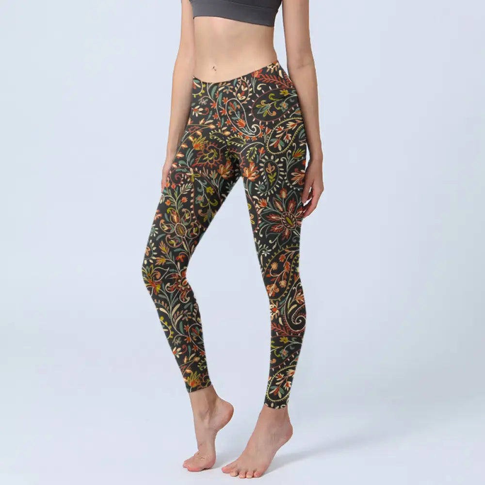 BWOOOH printed yoga leggings - Intricate Flower Leaf Pattern Print Gym 