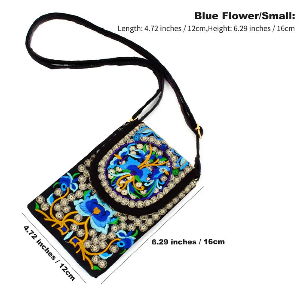 Buddha Stones Inula Flower Rose Embroidery Canvas Backpack Crossbody Bag - Blue Inula Flower 12*1*16cm - Crossbody
