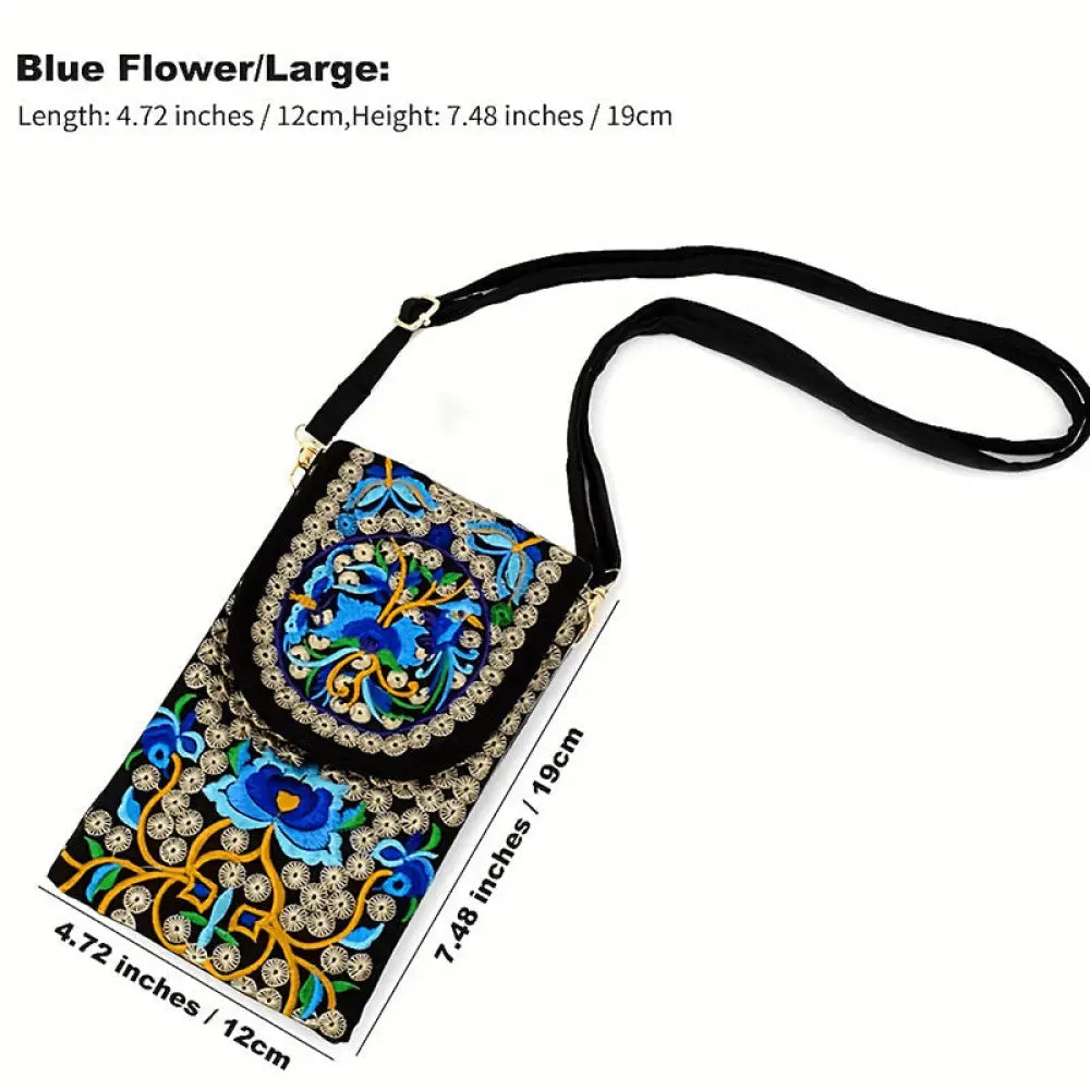 Buddha Stones Inula Flower Rose Embroidery Canvas Backpack Crossbody Bag - Blue Inula Flower 12*1*19cm - Crossbody