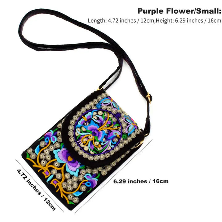 Buddha Stones Inula Flower Rose Embroidery Canvas Backpack Crossbody Bag - Purple Inula Flower 12*1*16cm - Crossbody