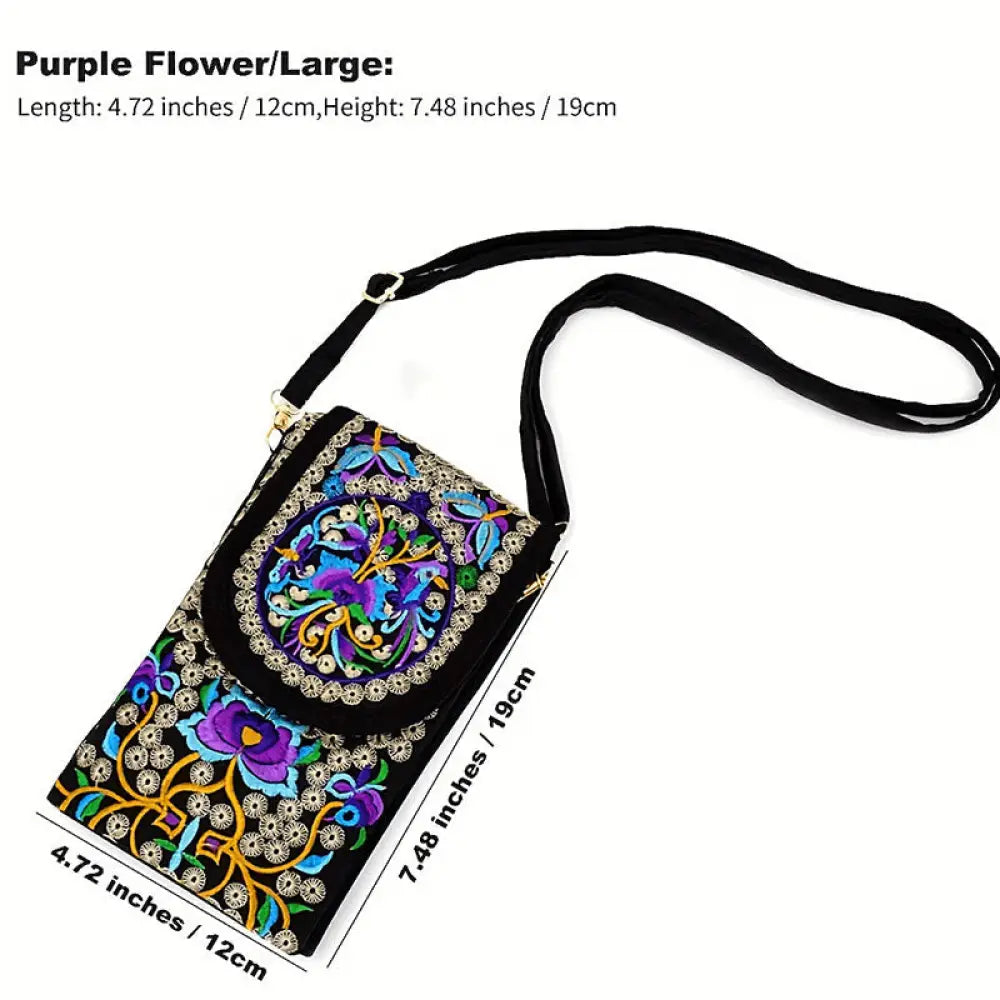 Buddha Stones Inula Flower Rose Embroidery Canvas Backpack Crossbody Bag - Purple Inula Flower 12*1*19cm - Crossbody