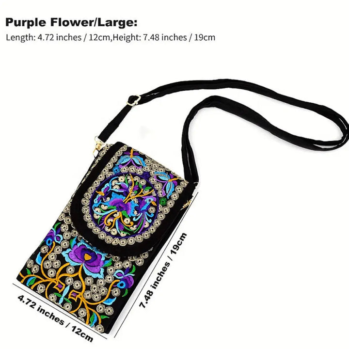 Buddha Stones Inula Flower Rose Embroidery Canvas Backpack Crossbody Bag - Purple Inula Flower 12*1*19cm - Crossbody