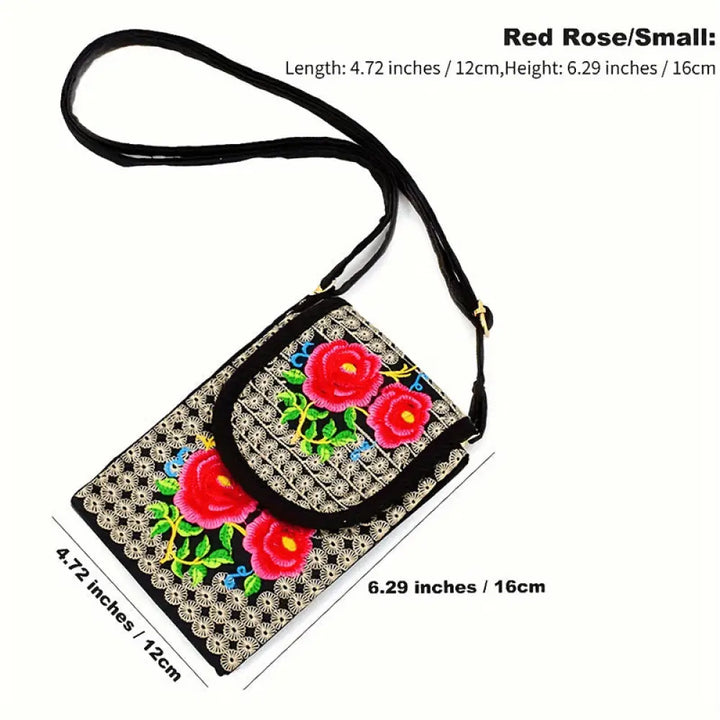 Buddha Stones Inula Flower Rose Embroidery Canvas Backpack Crossbody Bag - Red Rose 12*1*16cm - Crossbody Bag&amp;Shoulder