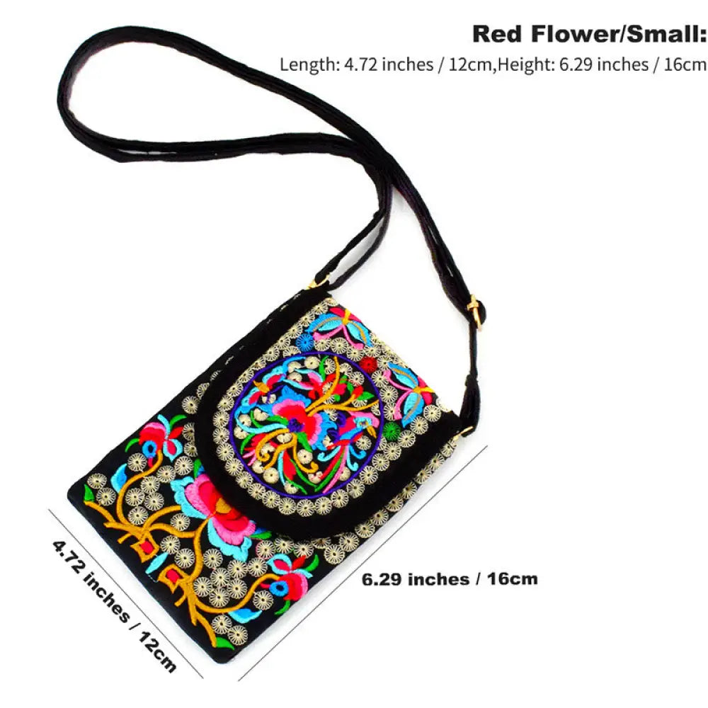 Buddha Stones Inula Flower Rose Embroidery Canvas Backpack Crossbody Bag - Red Inula Flower 12*1*16cm - Crossbody