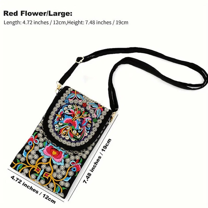 Buddha Stones Inula Flower Rose Embroidery Canvas Backpack Crossbody Bag - Red Inula Flower 12*1*19cm - Crossbody