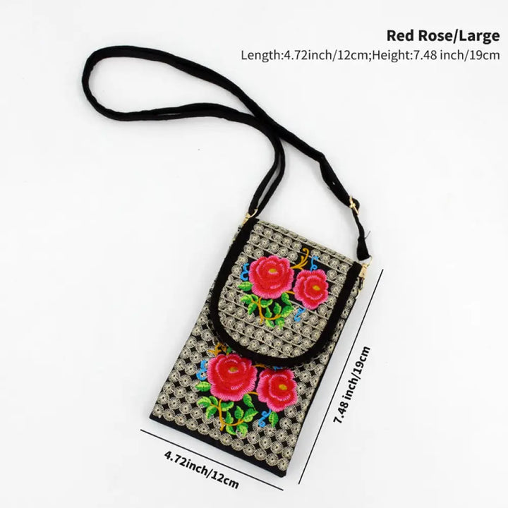 Buddha Stones Inula Flower Rose Embroidery Canvas Backpack Crossbody Bag - Red Rose 12*1*19cm - Crossbody Bag&amp;Shoulder