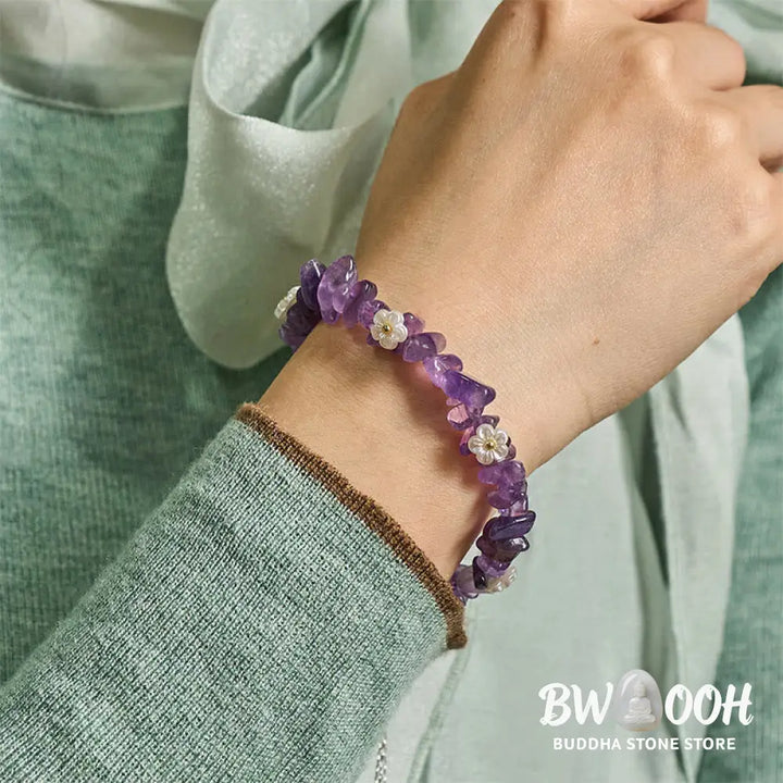 Buddha Stones Irregular Crystal Flower Design Amethyst White Crystal Balance Bracelet - Bracelet