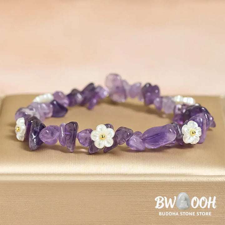 Buddha Stones Irregular Crystal Flower Design Amethyst White Crystal Balance Bracelet - Bracelet