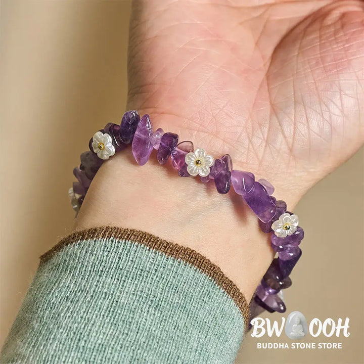 Buddha Stones Irregular Crystal Flower Design Amethyst White Crystal Balance Bracelet - Bracelet