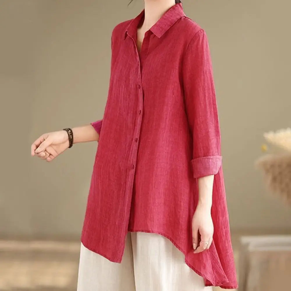 Buddha Stones Irregular Design Buttons Long Sleeve Women’s Cotton Shirt - HotPink / US4，UK/AU8，EU36 (L) - Women’s Shirts
