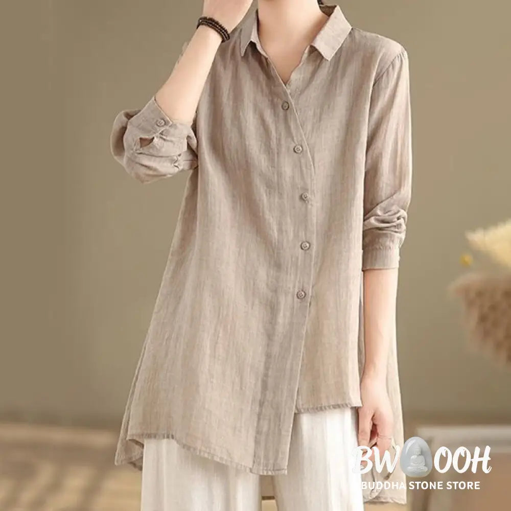 Buddha Stones Irregular Design Buttons Long Sleeve Women’s Cotton Shirt - Women’s Shirts