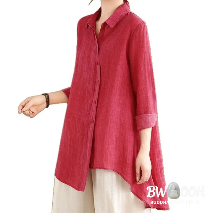 Buddha Stones Irregular Design Buttons Long Sleeve Women’s Cotton Shirt - Women’s Shirts
