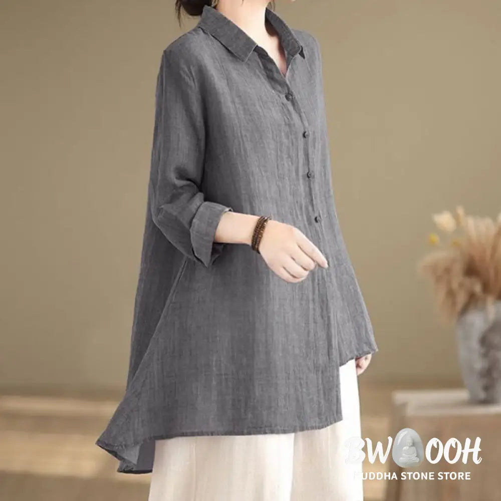 Buddha Stones Irregular Design Buttons Long Sleeve Women’s Cotton Shirt - Women’s Shirts