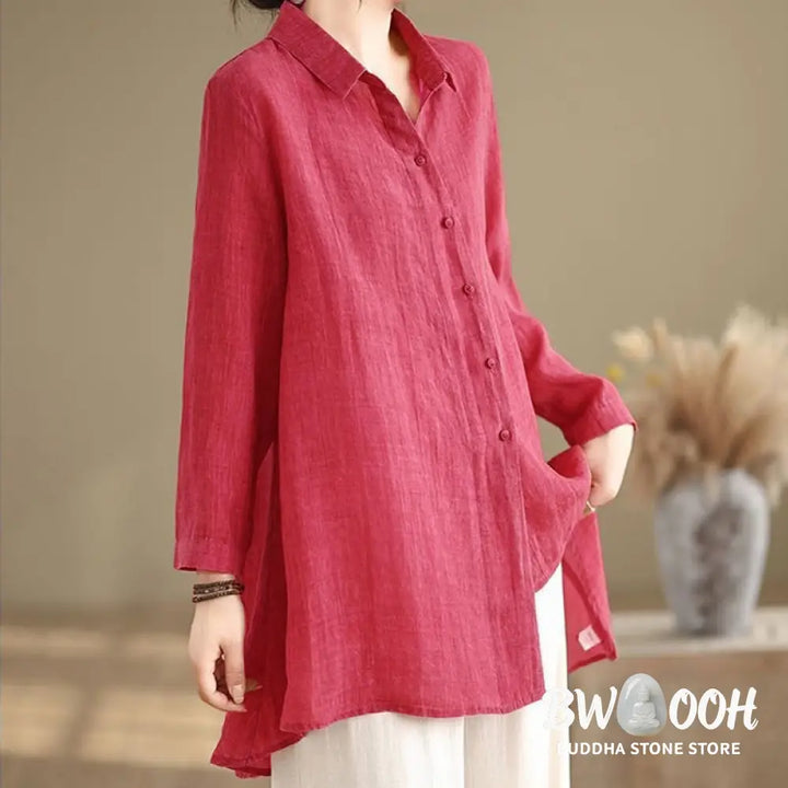 Buddha Stones Irregular Design Buttons Long Sleeve Women’s Cotton Shirt - Women’s Shirts