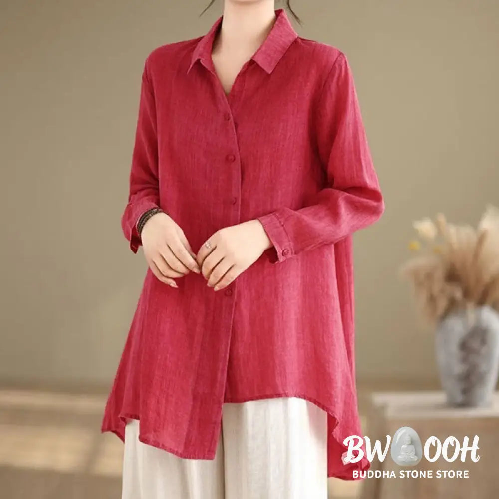 Buddha Stones Irregular Design Buttons Long Sleeve Women’s Cotton Shirt - Women’s Shirts