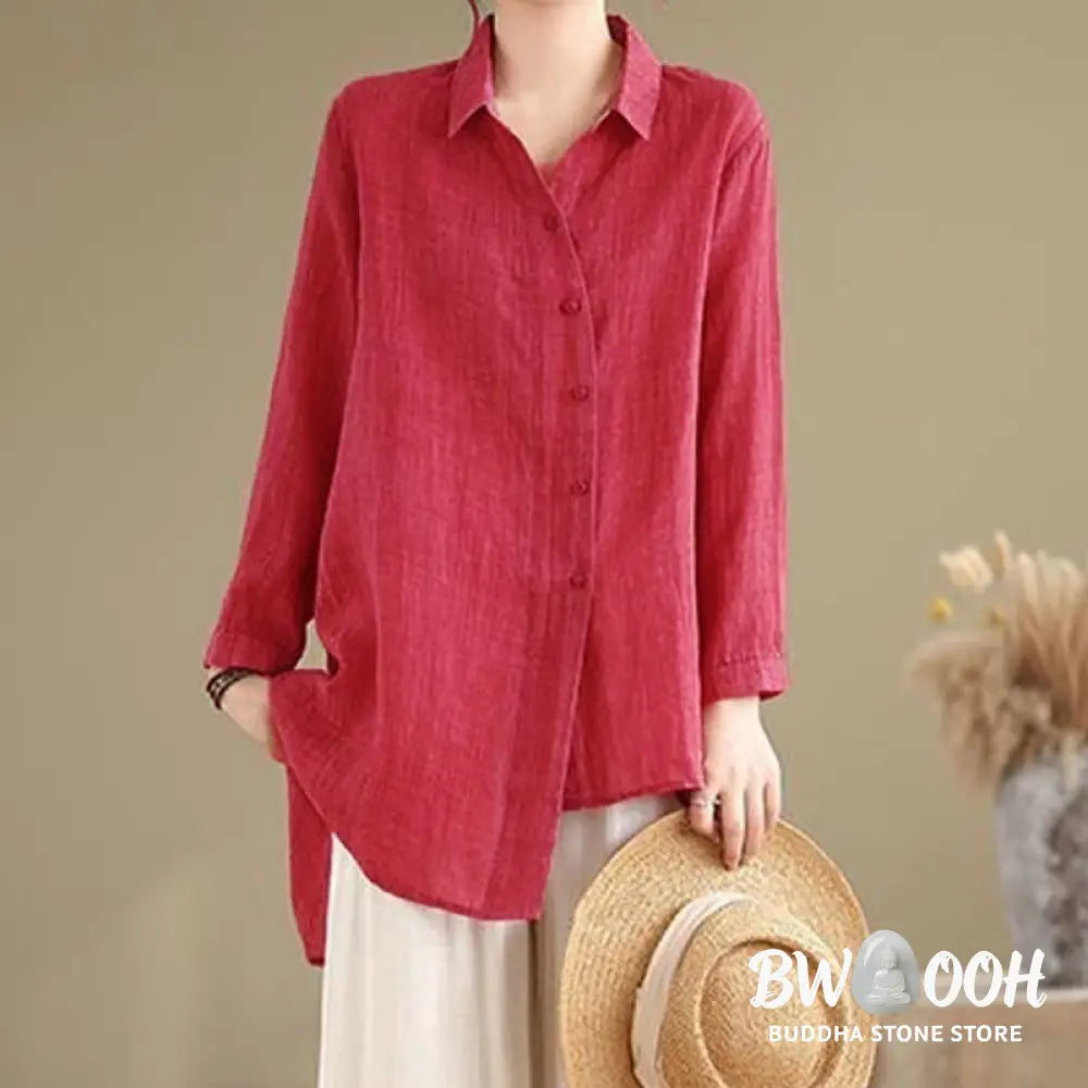 Buddha Stones Irregular Design Buttons Long Sleeve Women’s Cotton Shirt - Women’s Shirts