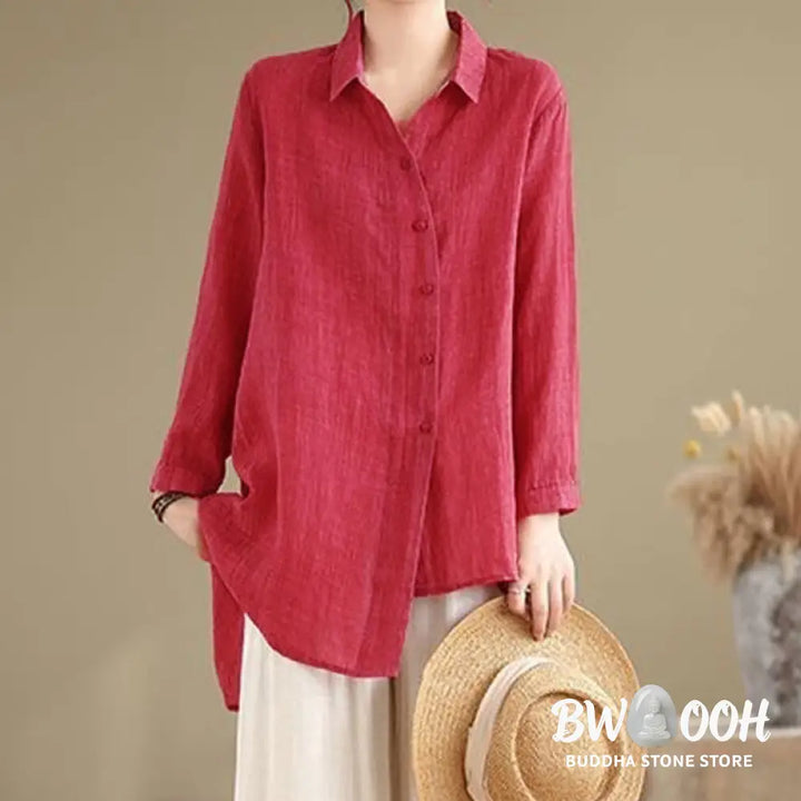 Buddha Stones Irregular Design Buttons Long Sleeve Women’s Cotton Shirt - Women’s Shirts