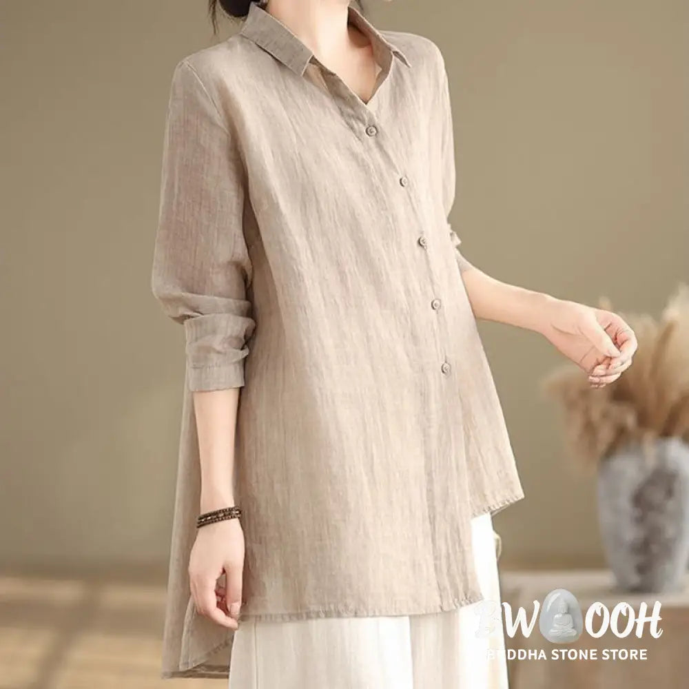 Buddha Stones Irregular Design Buttons Long Sleeve Women’s Cotton Shirt - Women’s Shirts