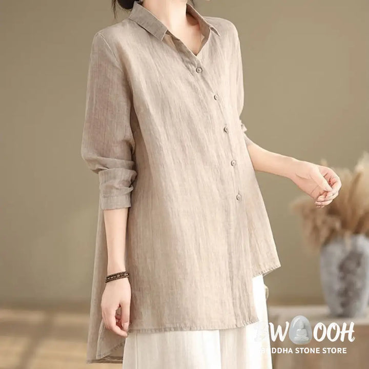Buddha Stones Irregular Design Buttons Long Sleeve Women’s Cotton Shirt - Women’s Shirts