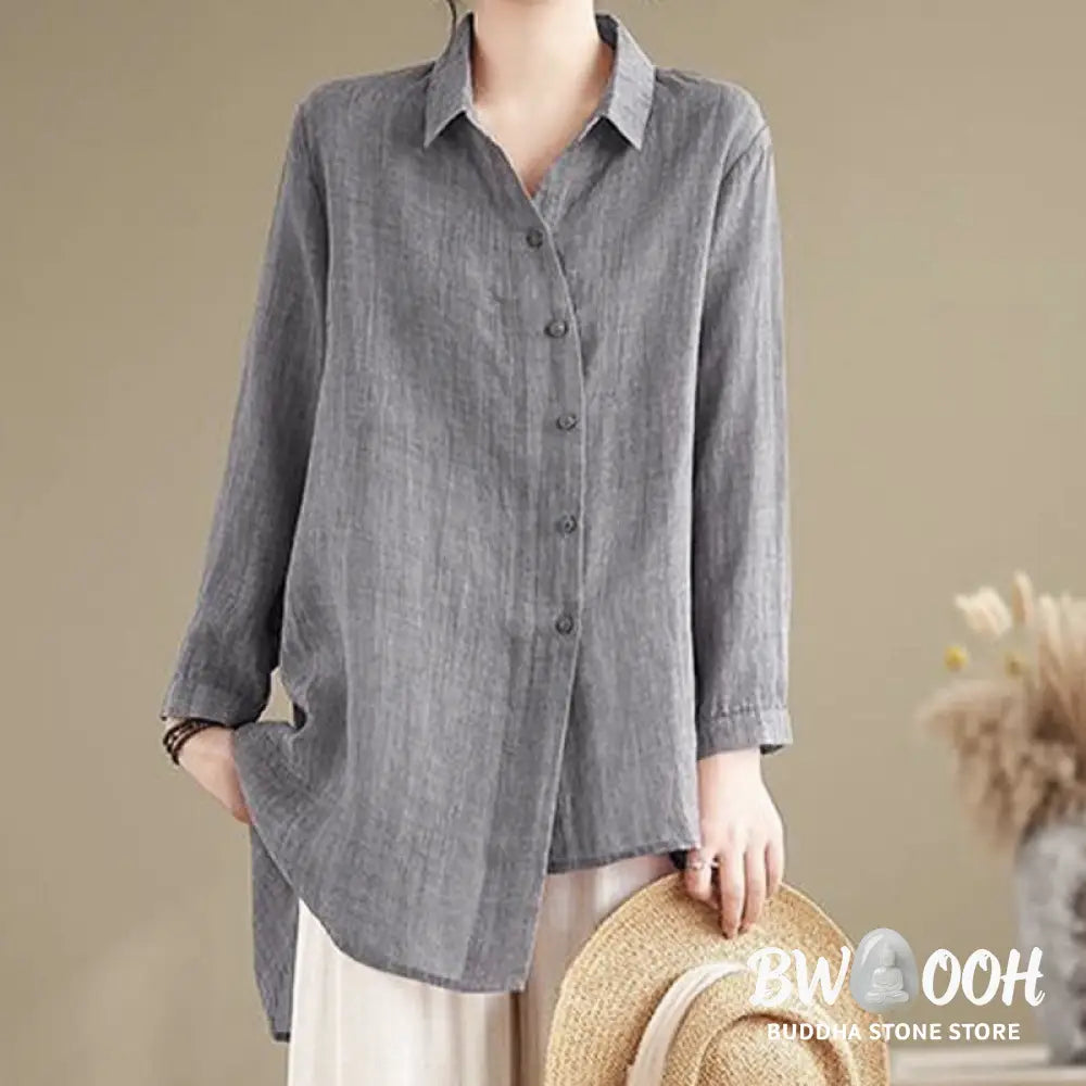 Buddha Stones Irregular Design Buttons Long Sleeve Women’s Cotton Shirt - Women’s Shirts
