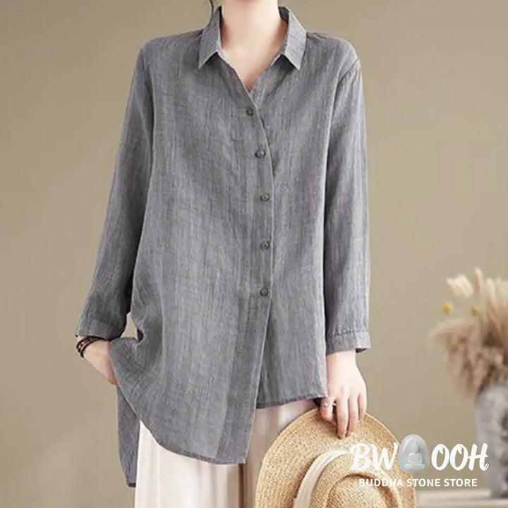 Buddha Stones Irregular Design Buttons Long Sleeve Women’s Cotton Shirt - Women’s Shirts