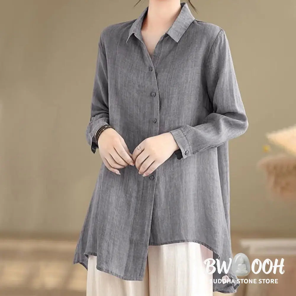 Buddha Stones Irregular Design Buttons Long Sleeve Women’s Cotton Shirt - Women’s Shirts