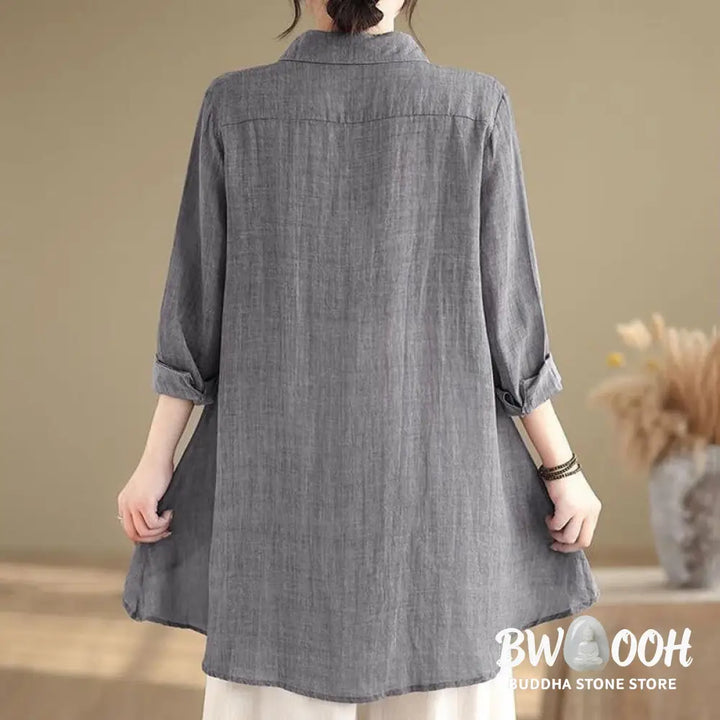 Buddha Stones Irregular Design Buttons Long Sleeve Women’s Cotton Shirt - Women’s Shirts