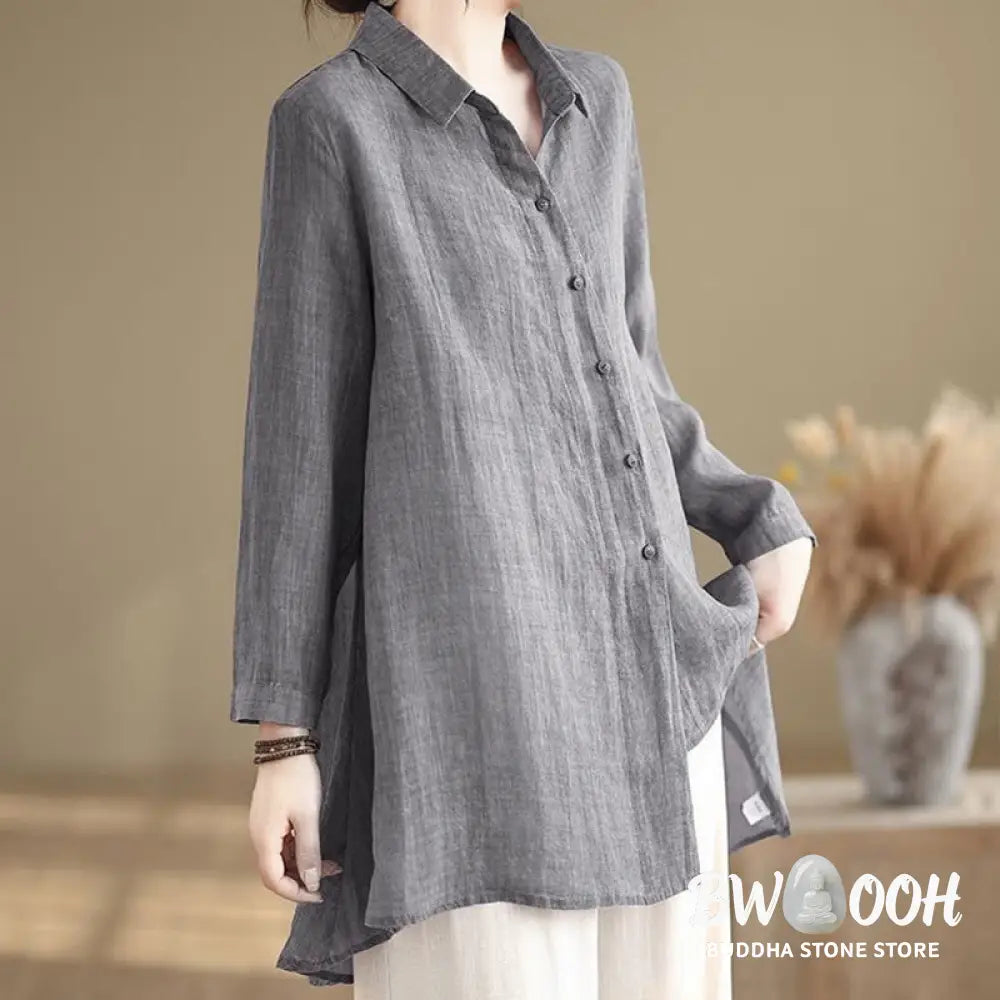 Buddha Stones Irregular Design Buttons Long Sleeve Women’s Cotton Shirt - Women’s Shirts